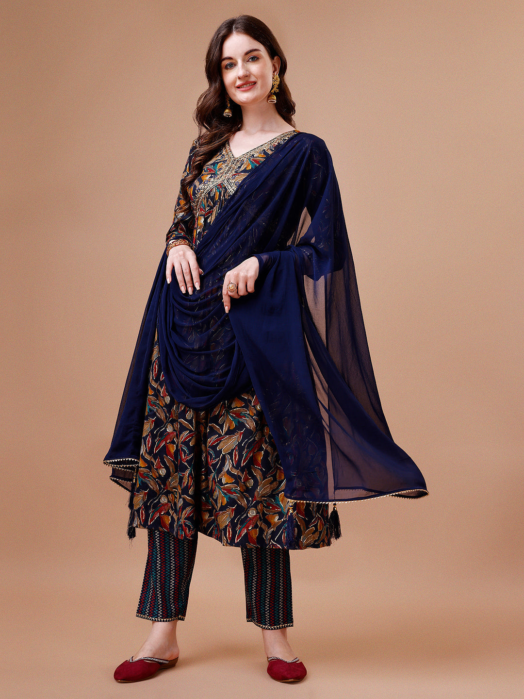 Alia Cut Botanical Printed & Embroidered Rayon Kurta With Pant & Dupatta, Multicolor - Hiral Fashion | Grocsy