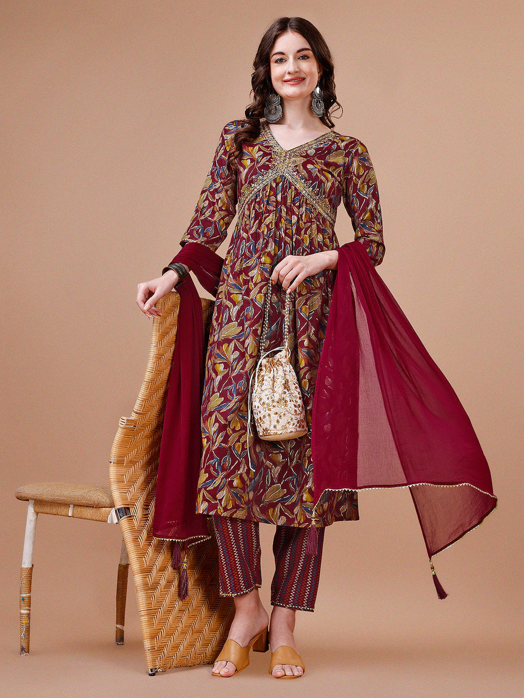 Alia Cut Botanical Printed & Embroidered Rayon Kurta With Pant & Dupatta, Multicolor - Hiral Fashion | Grocsy