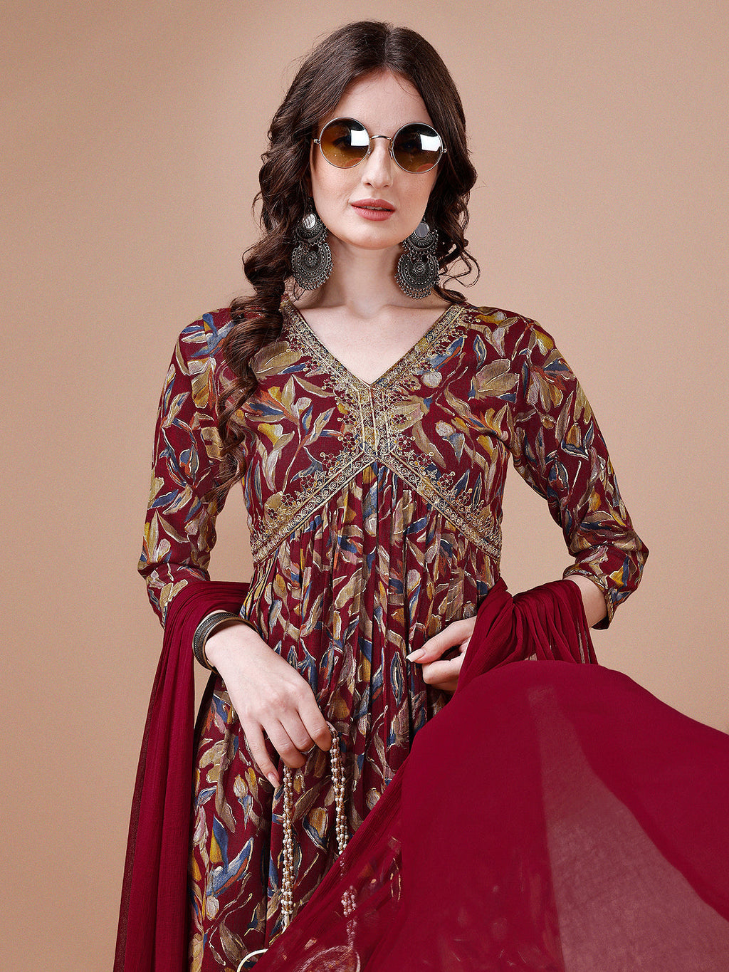 Alia Cut Botanical Printed & Embroidered Rayon Kurta With Pant & Dupatta, Multicolor - Hiral Fashion | Grocsy