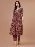 Alia Cut Botanical Printed & Embroidered Rayon Kurta With Pant & Dupatta, Multicolor - Hiral Fashion | Grocsy