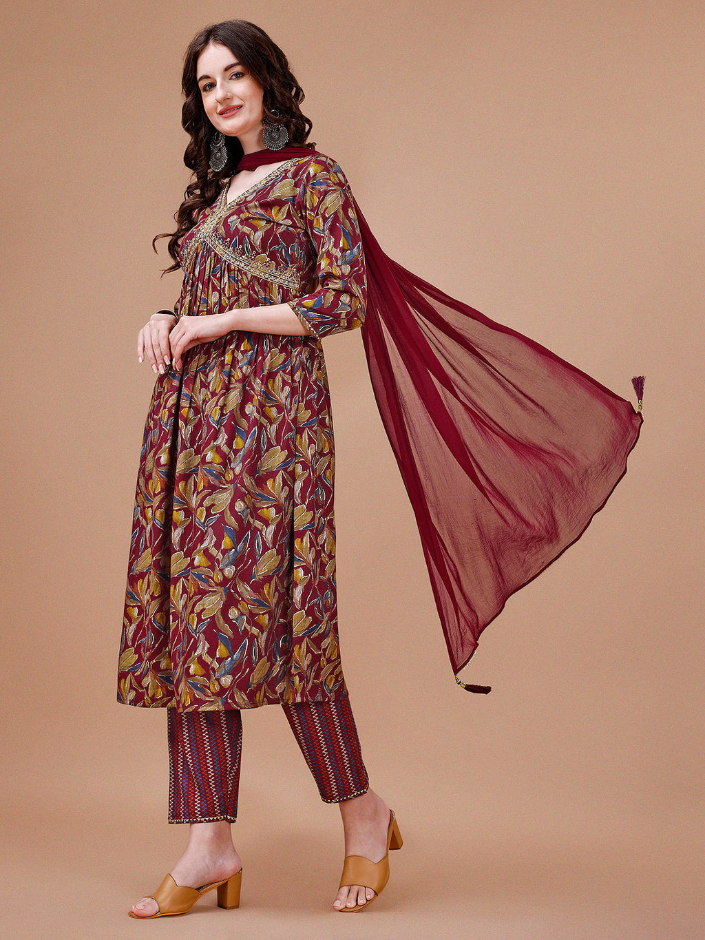 Alia Cut Botanical Printed & Embroidered Rayon Kurta With Pant & Dupatta, Multicolor - Hiral Fashion | Grocsy