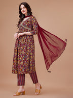Alia Cut Botanical Printed & Embroidered Rayon Kurta With Pant & Dupatta, Multicolor - Hiral Fashion | Grocsy