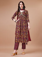 Alia Cut Botanical Printed & Embroidered Rayon Kurta With Pant & Dupatta, Multicolor - Hiral Fashion | Grocsy