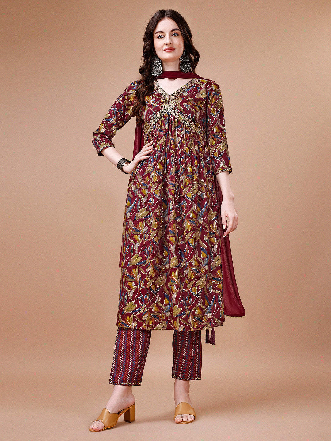 Alia Cut Botanical Printed & Embroidered Rayon Kurta With Pant & Dupatta, Multicolor - Hiral Fashion | Grocsy