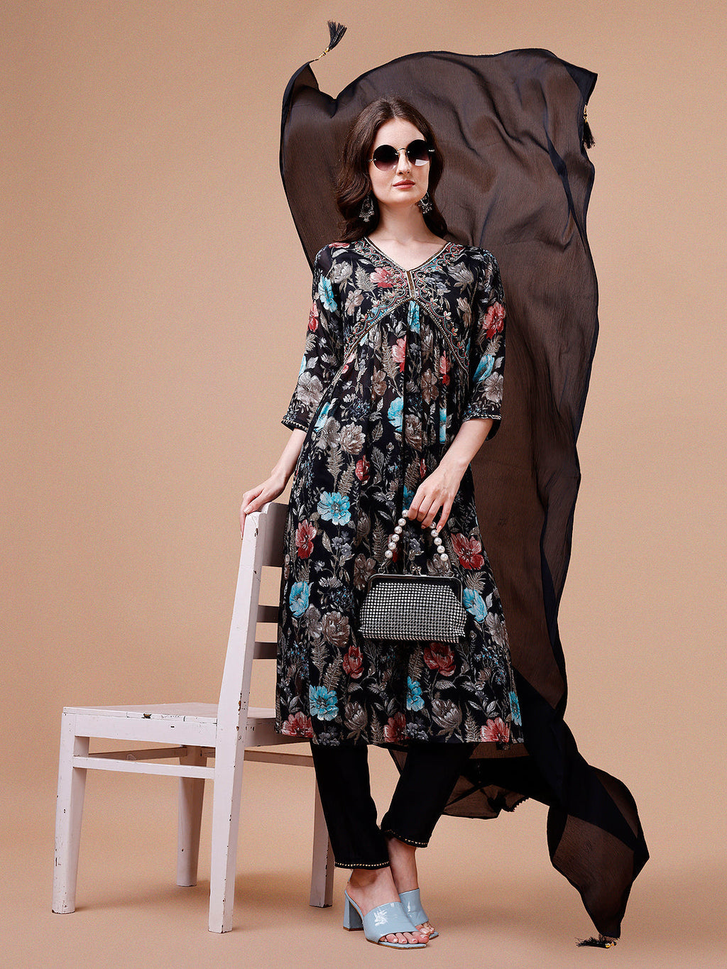 Alia Cut Hand Embroidered Floral Print Kurta With Pant & Dupatta, Multicolor - Hiral Fashion | Grocsy