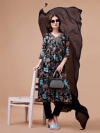Alia Cut Hand Embroidered Floral Print Kurta With Pant & Dupatta, Multicolor - Hiral Fashion | Grocsy