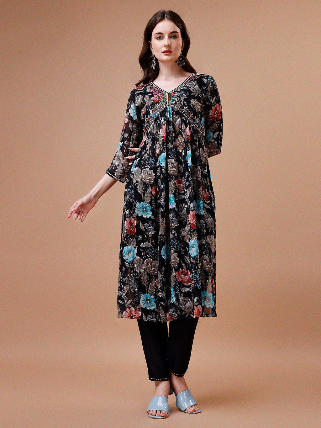 Alia Cut Hand Embroidered Floral Print Kurta With Pant & Dupatta, Multicolor - Hiral Fashion | Grocsy