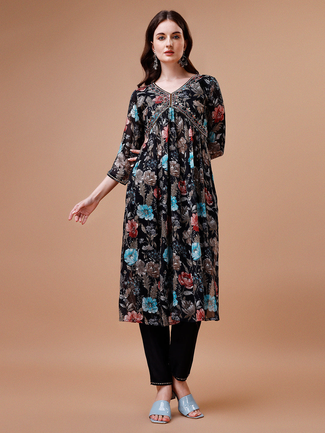 Alia Cut Hand Embroidered Floral Print Kurta With Pant & Dupatta, Multicolor - Hiral Fashion | Grocsy