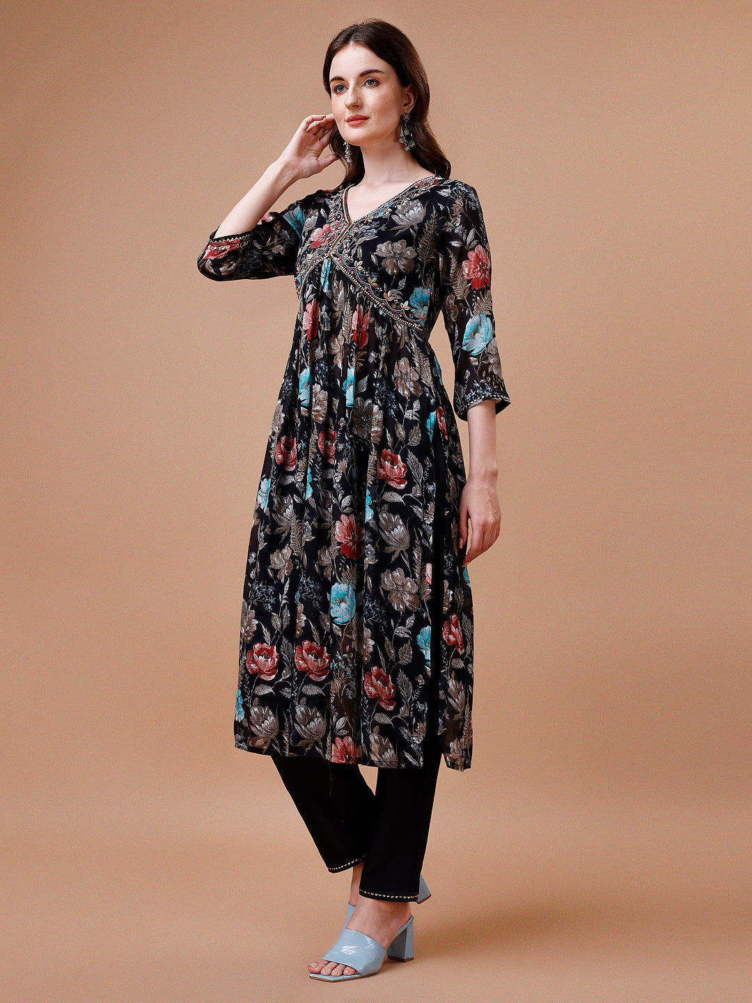 Alia Cut Hand Embroidered Floral Print Kurta With Pant & Dupatta, Multicolor - Hiral Fashion | Grocsy