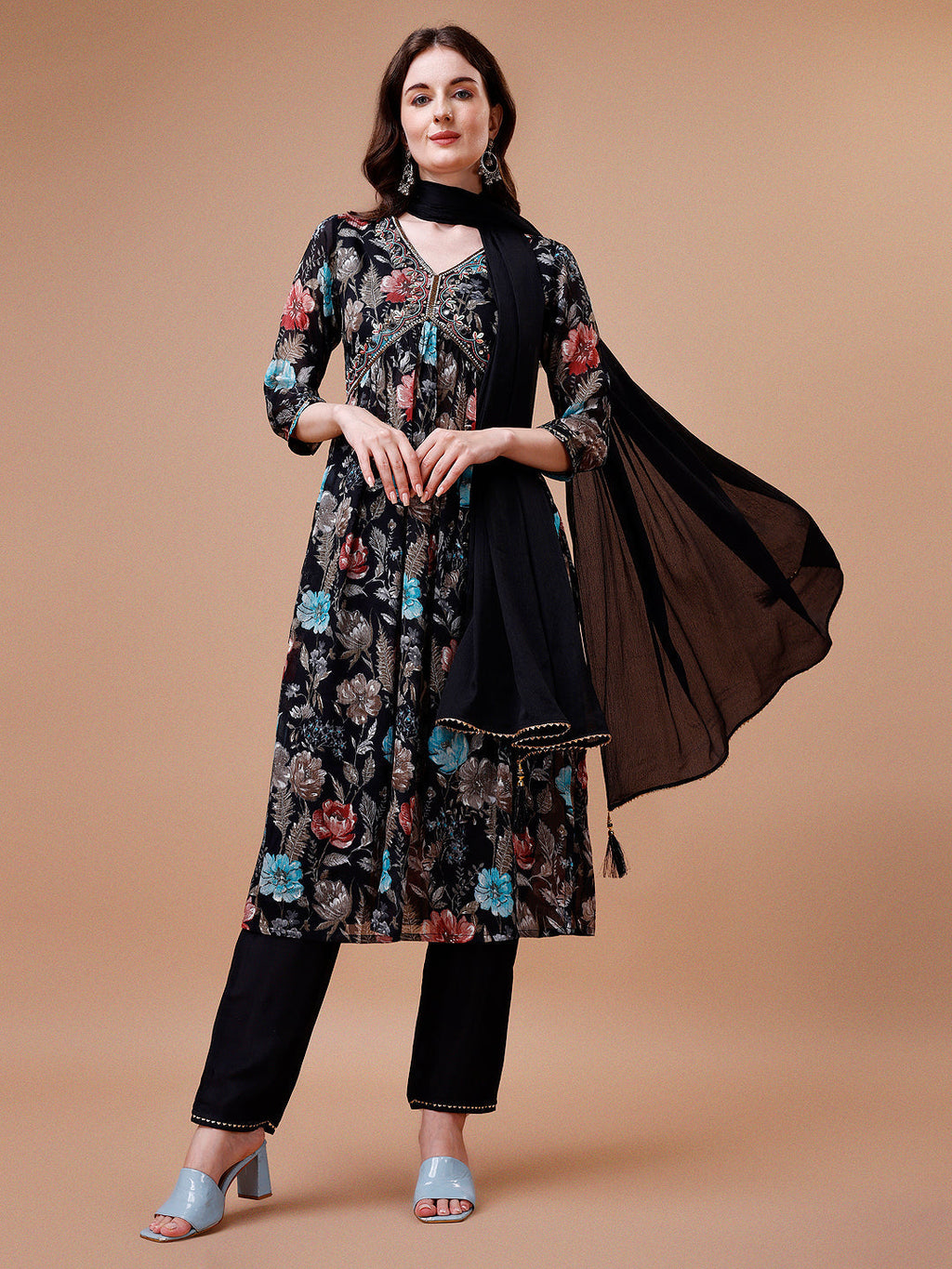 Alia Cut Hand Embroidered Floral Print Kurta With Pant & Dupatta, Multicolor - Hiral Fashion | Grocsy