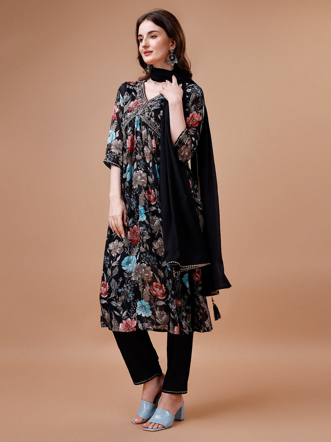 Alia Cut Hand Embroidered Floral Print Kurta With Pant & Dupatta, Multicolor - Hiral Fashion | Grocsy