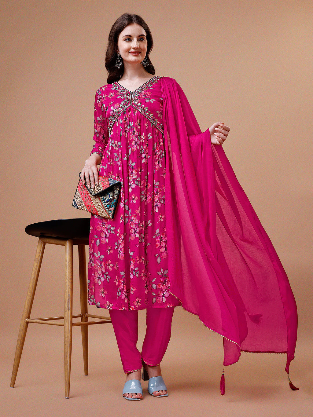 Alia Cut Hand Embroidered Floral Print Kurta With Pant & Dupatta, Multicolor - Hiral Fashion | Grocsy