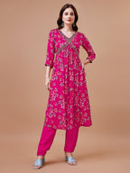 Alia Cut Hand Embroidered Floral Print Kurta With Pant & Dupatta, Multicolor - Hiral Fashion | Grocsy