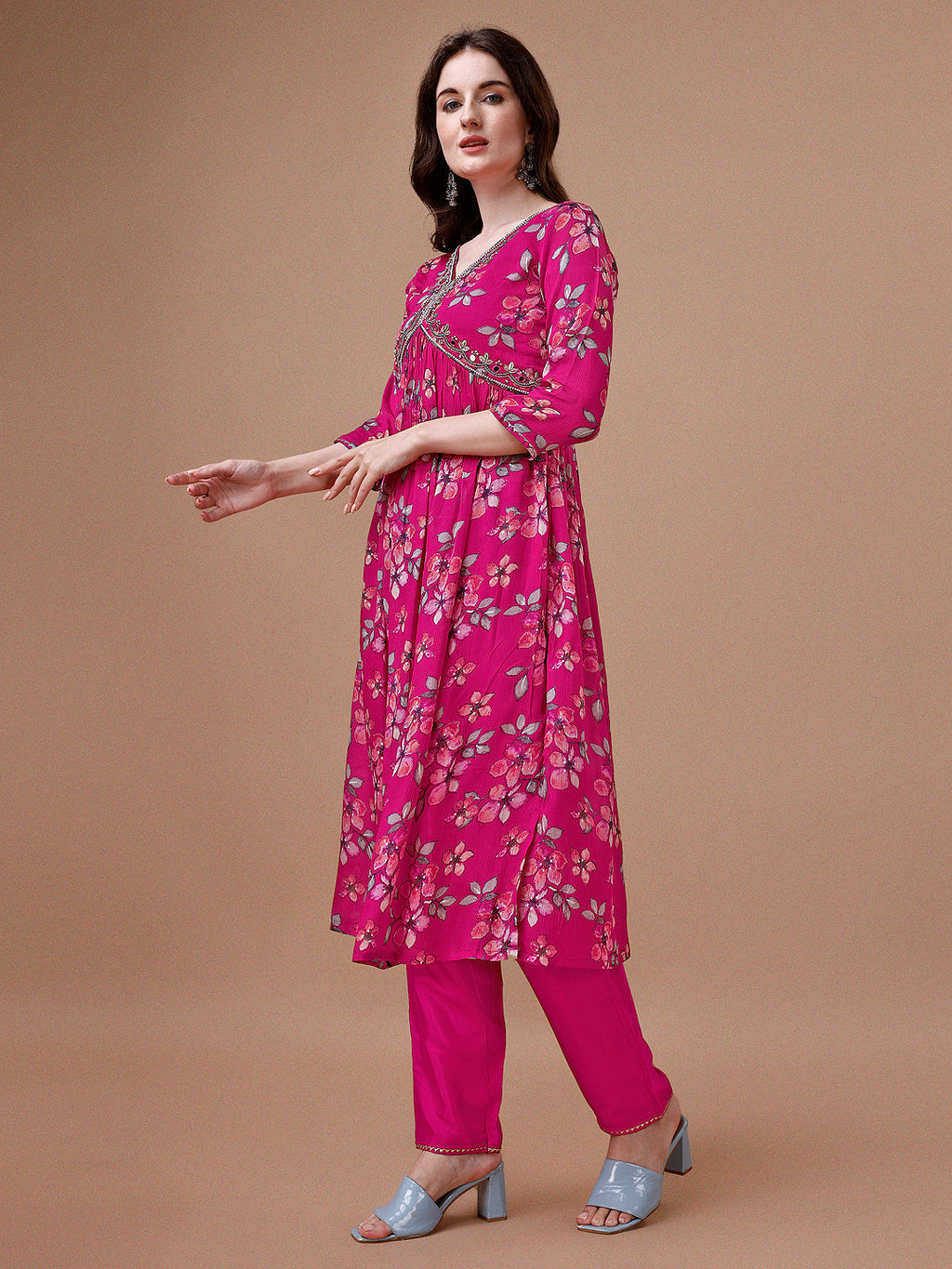 Alia Cut Hand Embroidered Floral Print Kurta With Pant & Dupatta, Multicolor - Hiral Fashion | Grocsy