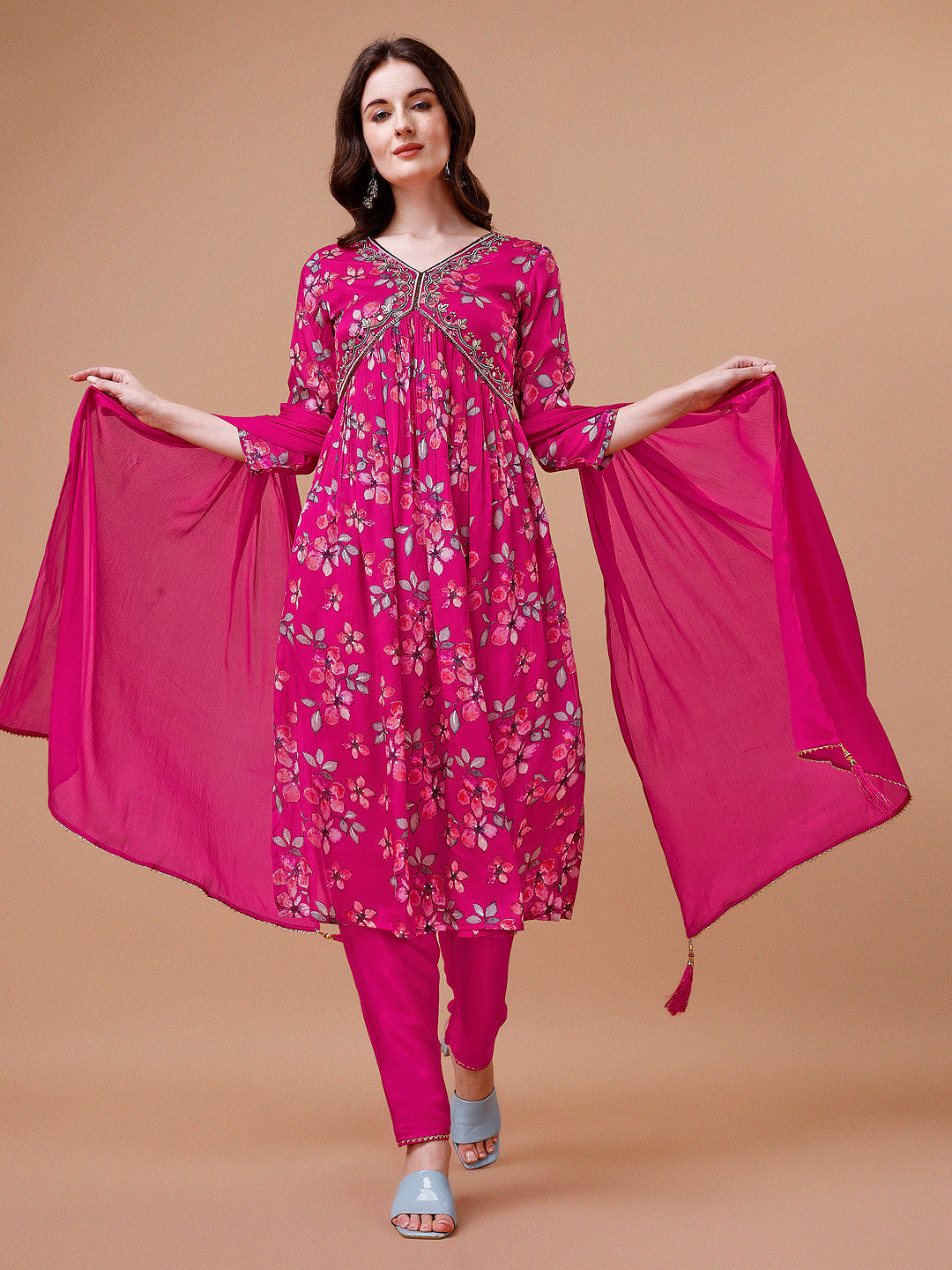 Alia Cut Hand Embroidered Floral Print Kurta With Pant & Dupatta, Multicolor - Hiral Fashion | Grocsy