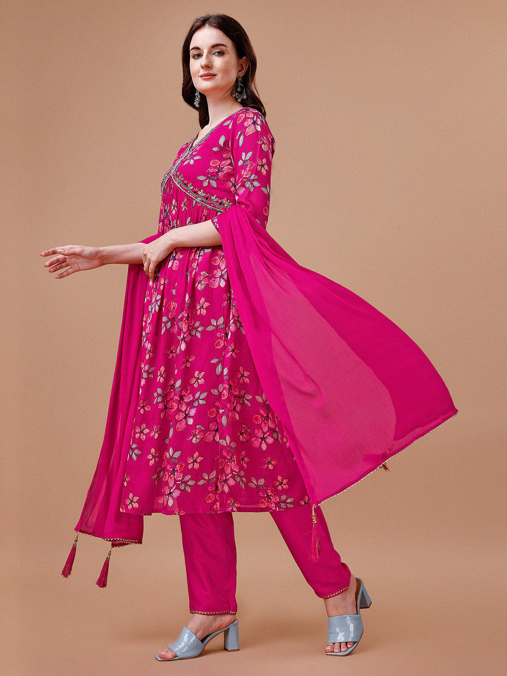 Alia Cut Hand Embroidered Floral Print Kurta With Pant & Dupatta, Multicolor - Hiral Fashion | Grocsy
