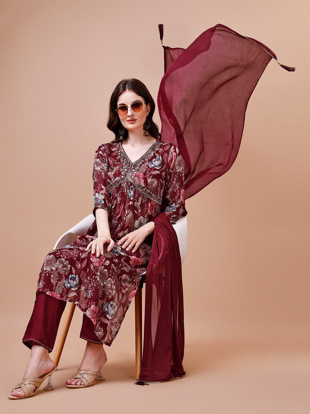 Alia Cut Hand Embroidered Floral Print Kurta With Pant & Dupatta, Multicolor - Hiral Fashion | Grocsy