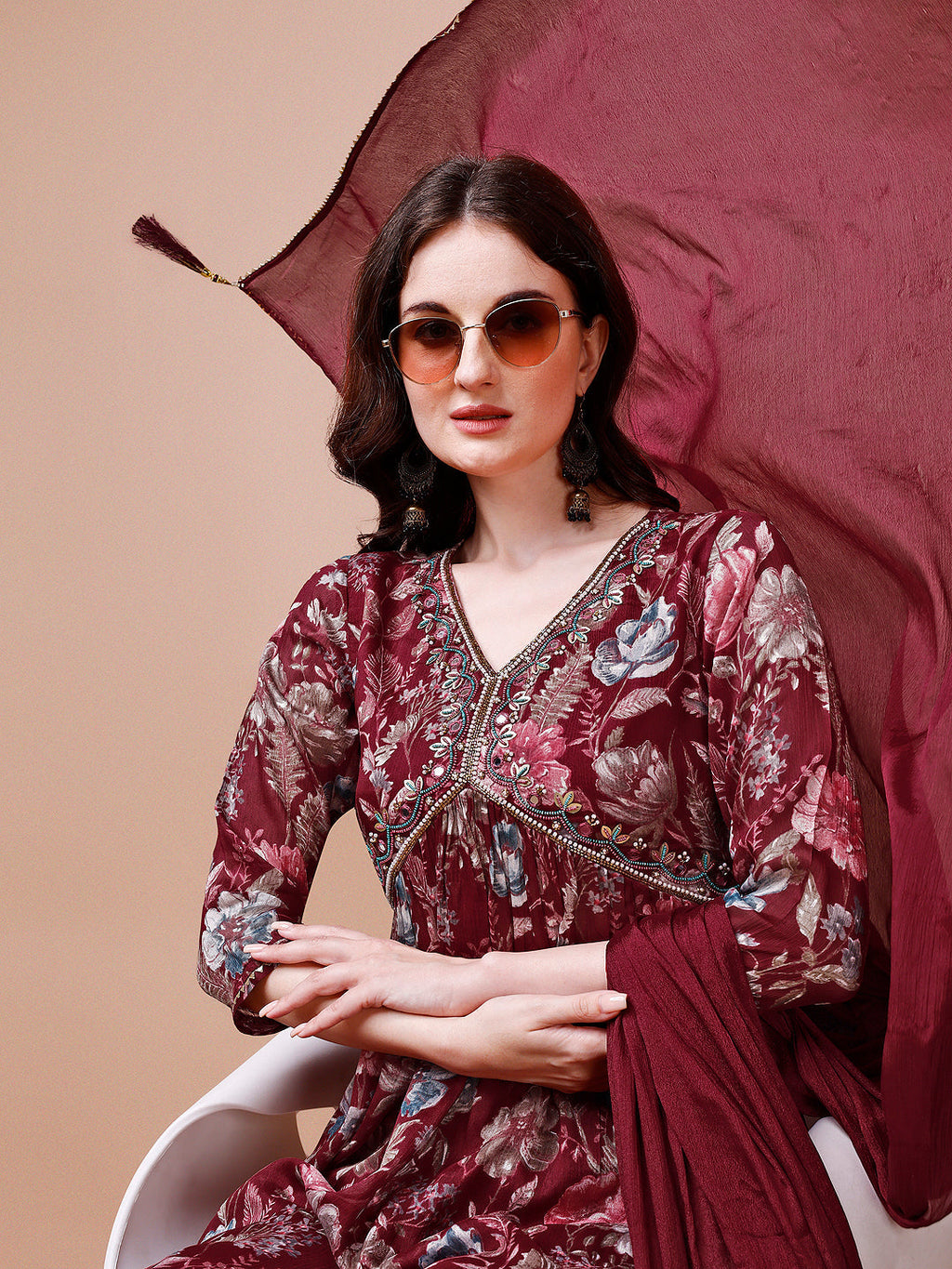 Alia Cut Hand Embroidered Floral Print Kurta With Pant & Dupatta, Multicolor - Hiral Fashion | Grocsy
