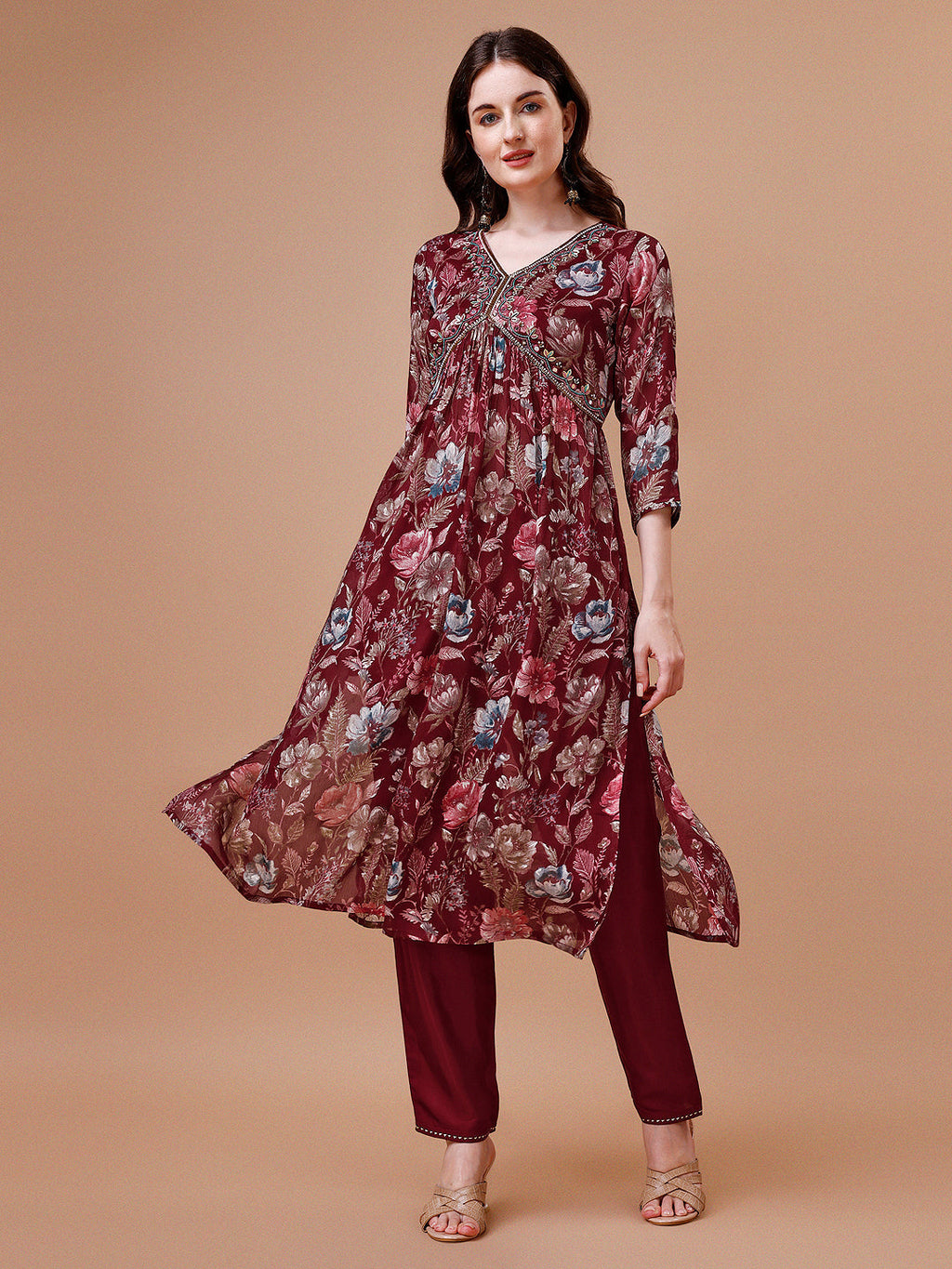 Alia Cut Hand Embroidered Floral Print Kurta With Pant & Dupatta, Multicolor - Hiral Fashion | Grocsy