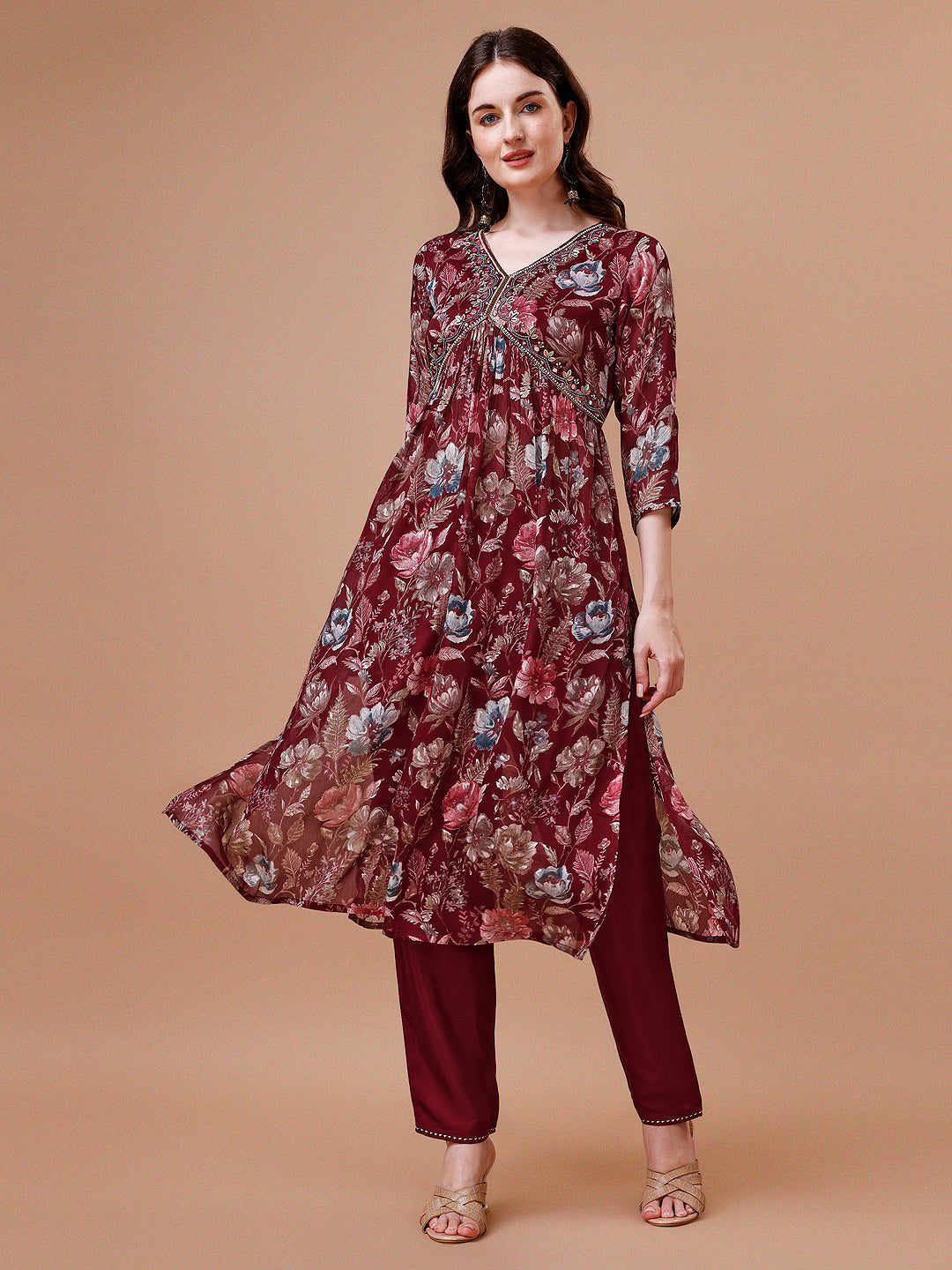 Alia Cut Hand Embroidered Floral Print Kurta With Pant & Dupatta, Multicolor - Hiral Fashion | Grocsy