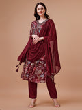 Alia Cut Hand Embroidered Floral Print Kurta With Pant & Dupatta, Multicolor - Hiral Fashion | Grocsy