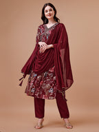 Alia Cut Hand Embroidered Floral Print Kurta With Pant & Dupatta, Multicolor - Hiral Fashion | Grocsy