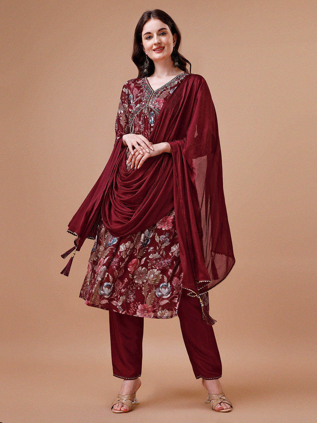Alia Cut Hand Embroidered Floral Print Kurta With Pant & Dupatta, Multicolor - Hiral Fashion | Grocsy