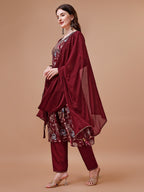 Alia Cut Hand Embroidered Floral Print Kurta With Pant & Dupatta, Multicolor - Hiral Fashion | Grocsy