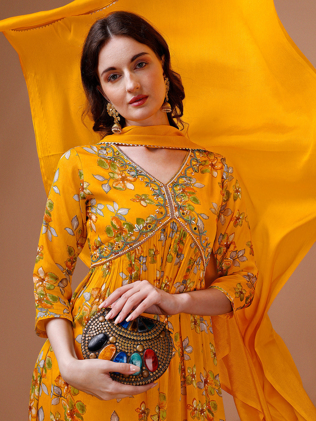 Alia Cut Hand Embroidered Floral Print Kurta With Pant & Dupatta, Multicolor - Hiral Fashion | Grocsy
