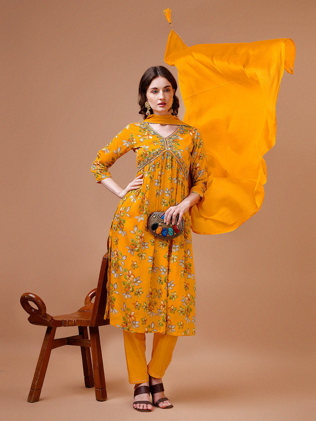 Alia Cut Hand Embroidered Floral Print Kurta With Pant & Dupatta, Multicolor - Hiral Fashion | Grocsy