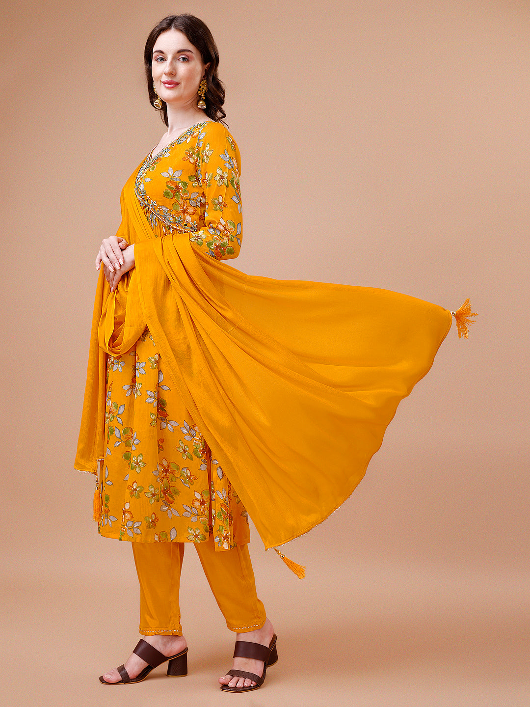 Alia Cut Hand Embroidered Floral Print Kurta With Pant & Dupatta, Multicolor - Hiral Fashion | Grocsy