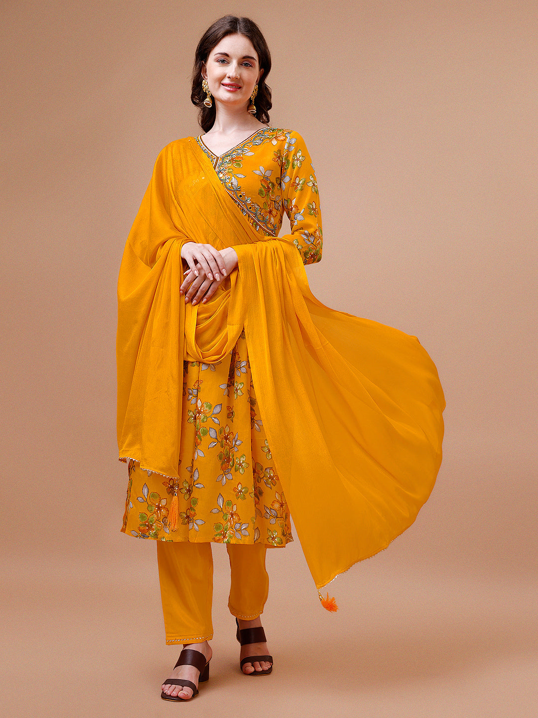 Alia Cut Hand Embroidered Floral Print Kurta With Pant & Dupatta, Multicolor - Hiral Fashion | Grocsy