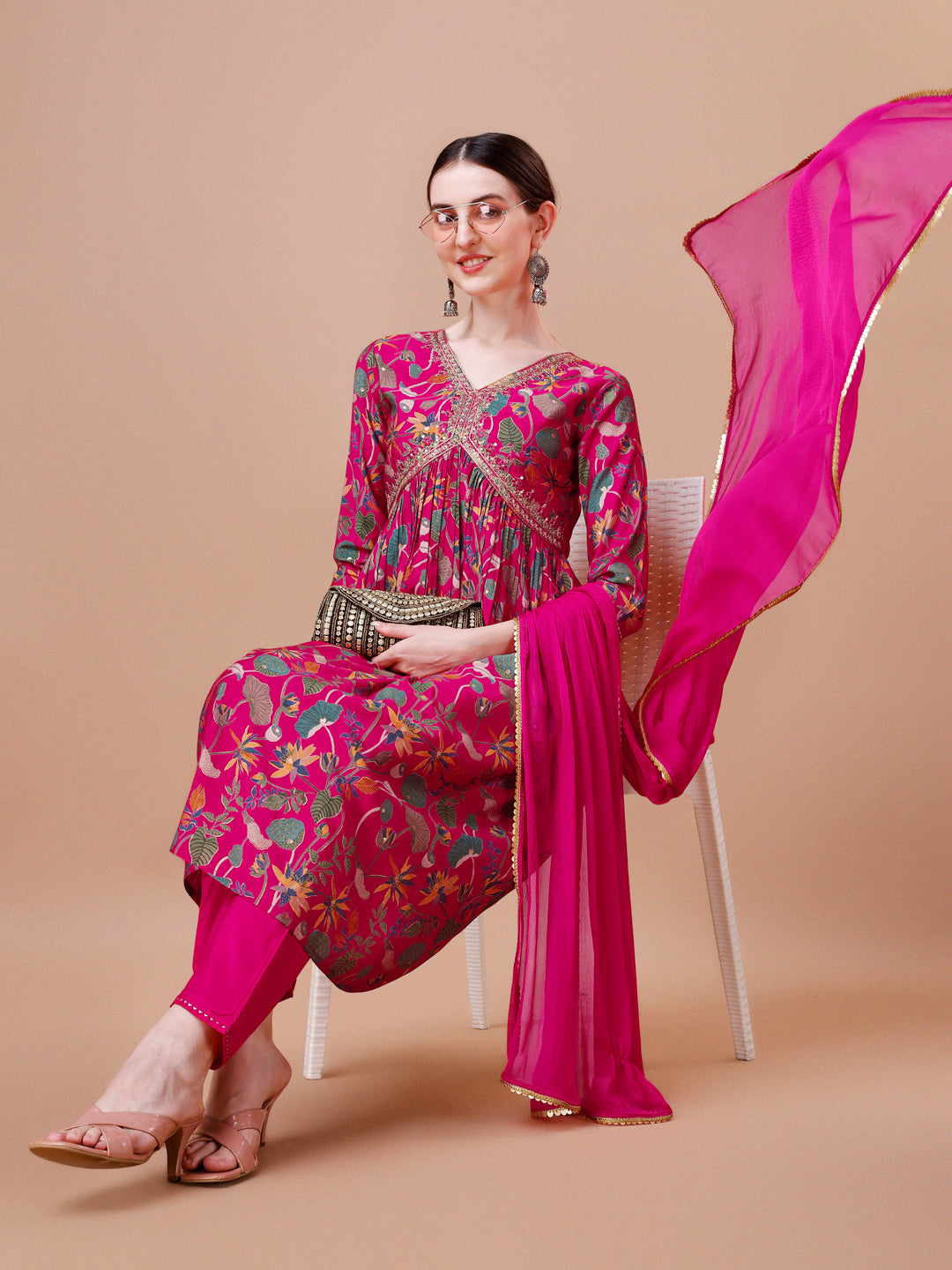 Alia Cut Embroidered & Floral Printed Kurta With Pant & Dupatta, Multicolor - Hiral Fashion | Grocsy