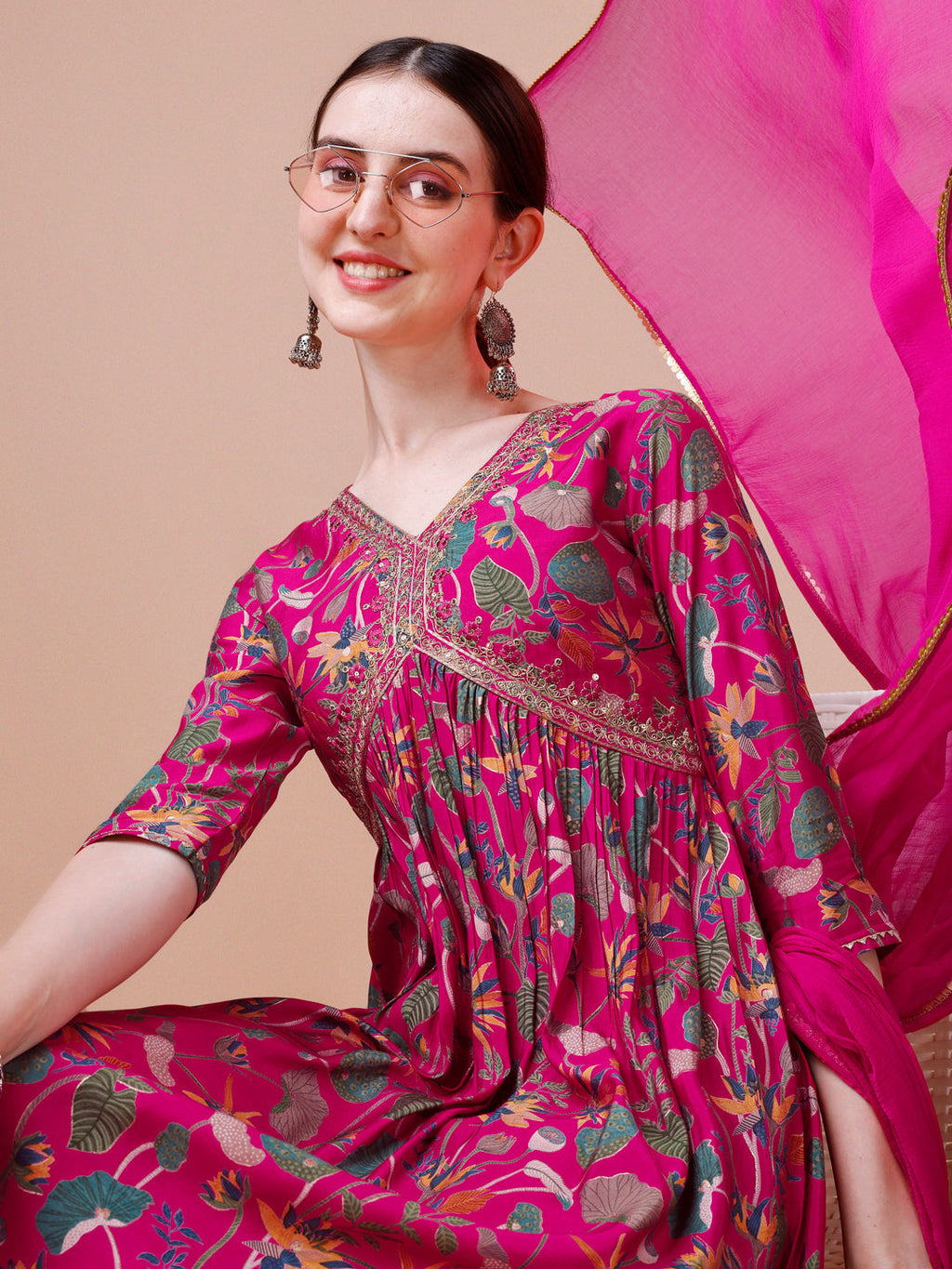 Alia Cut Embroidered & Floral Printed Kurta With Pant & Dupatta, Multicolor - Hiral Fashion | Grocsy