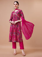 Alia Cut Embroidered & Floral Printed Kurta With Pant & Dupatta, Multicolor - Hiral Fashion | Grocsy