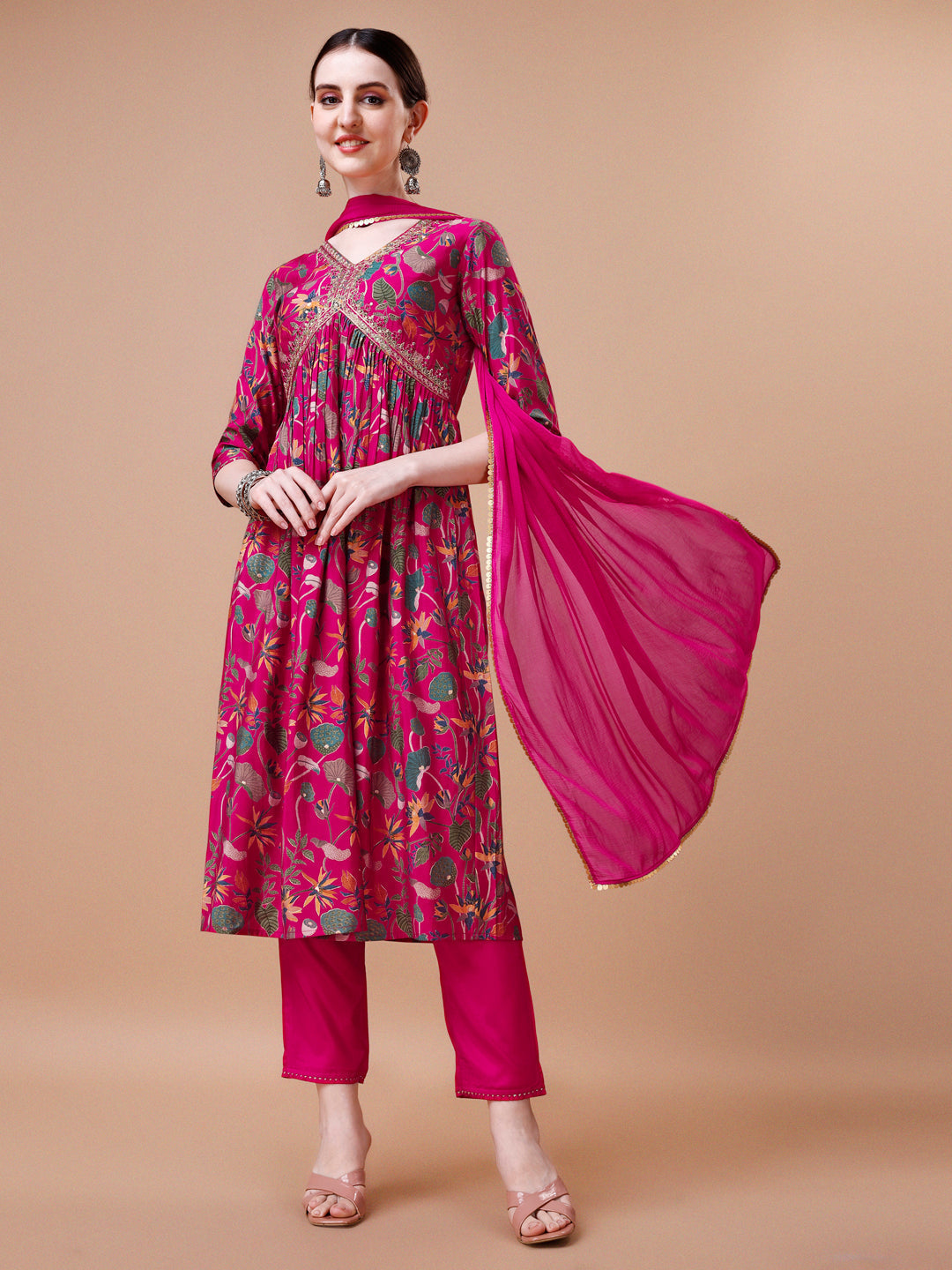 Alia Cut Embroidered & Floral Printed Kurta With Pant & Dupatta, Multicolor - Hiral Fashion | Grocsy