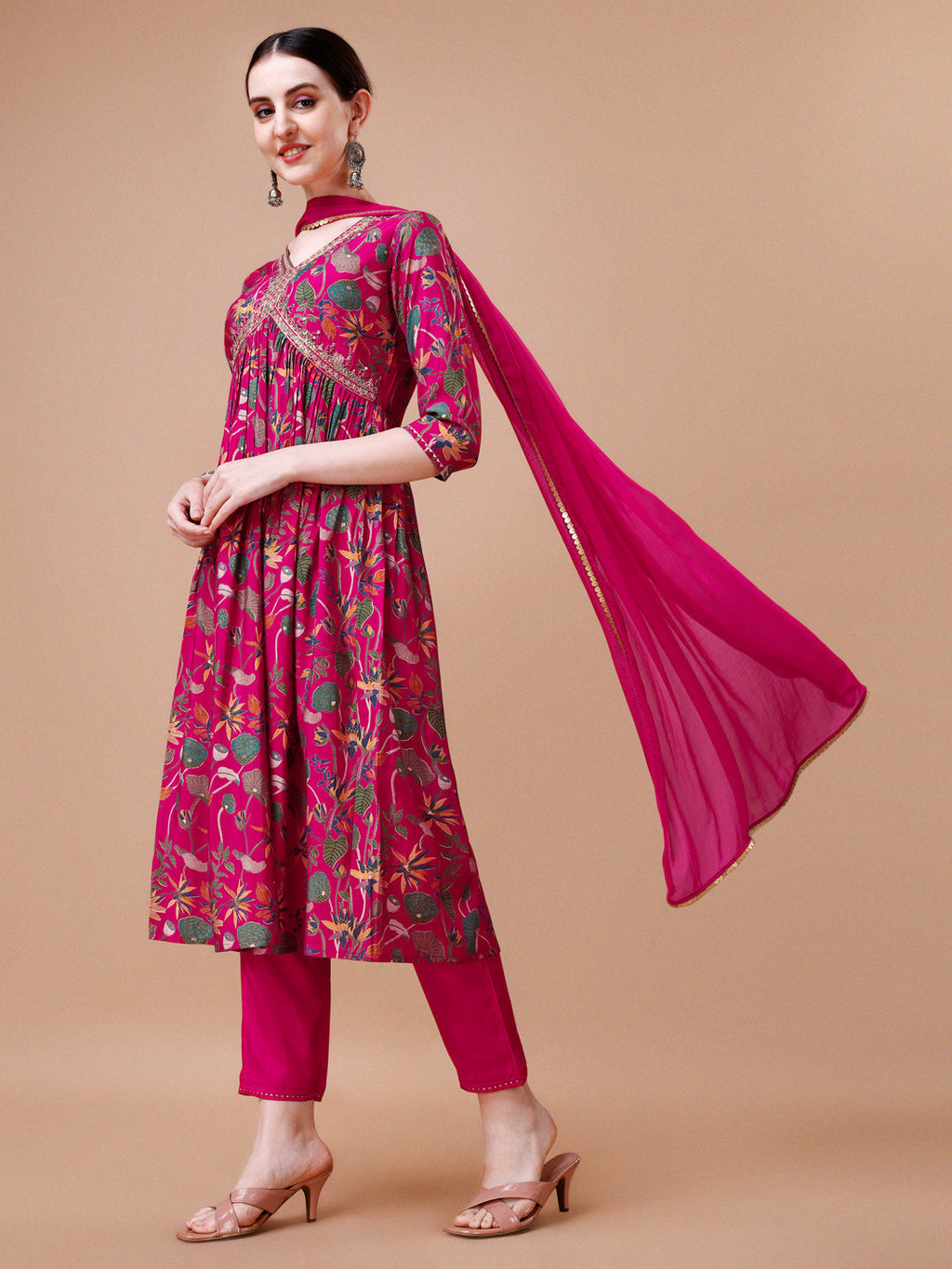 Alia Cut Embroidered & Floral Printed Kurta With Pant & Dupatta, Multicolor - Hiral Fashion | Grocsy