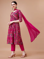 Alia Cut Embroidered & Floral Printed Kurta With Pant & Dupatta, Multicolor - Hiral Fashion | Grocsy