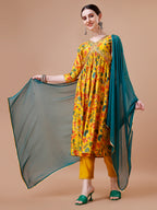 Alia Cut Embroidered & Floral Printed Kurta With Pant & Dupatta, Multicolor - Hiral Fashion | Grocsy