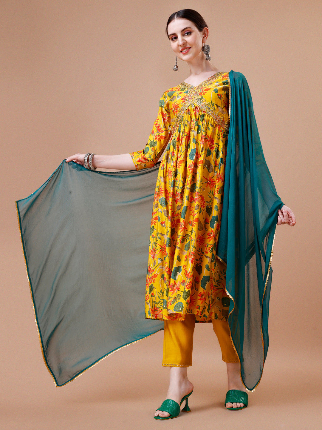 Alia Cut Embroidered & Floral Printed Kurta With Pant & Dupatta, Multicolor - Hiral Fashion | Grocsy