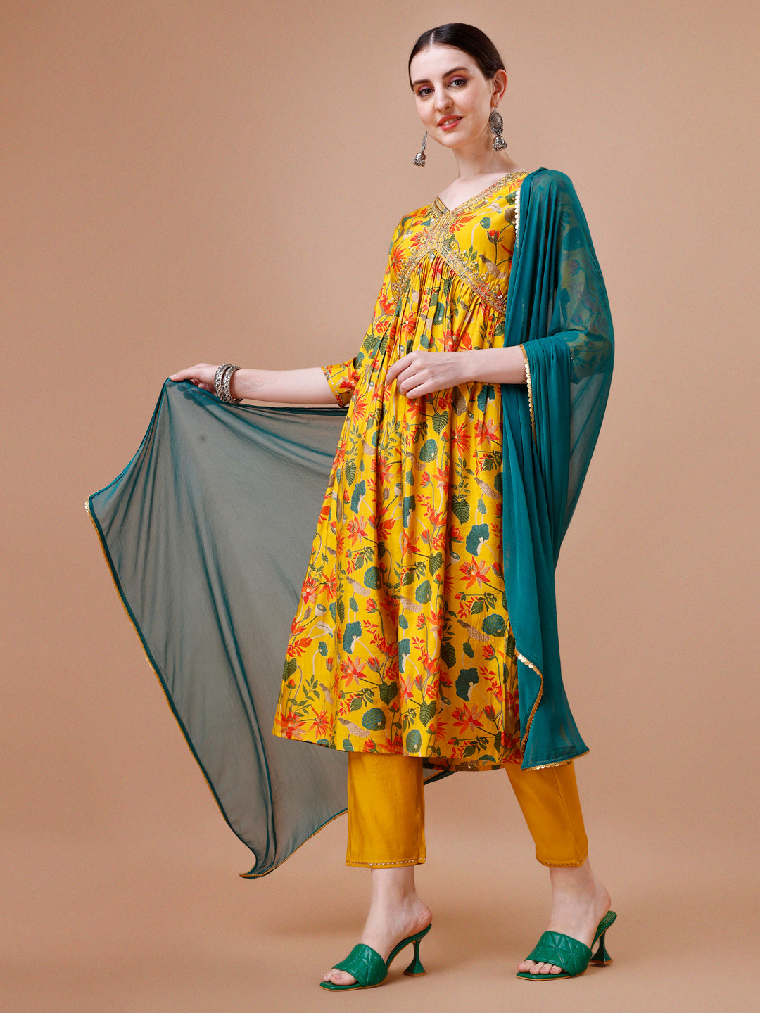 Alia Cut Embroidered & Floral Printed Kurta With Pant & Dupatta, Multicolor - Hiral Fashion | Grocsy