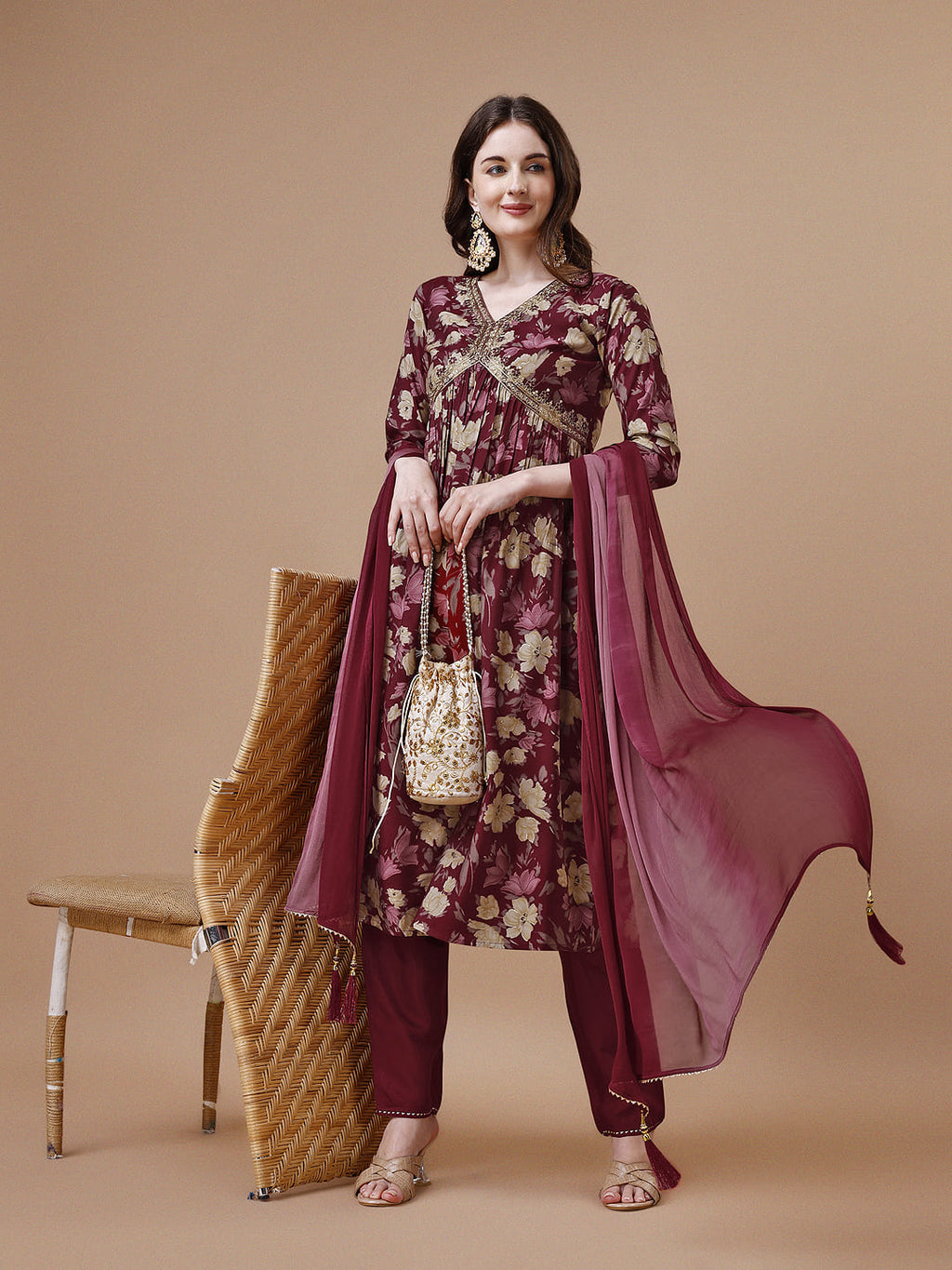 Alia Cut Printed & Embroidered Kurta With Pant & Dupatta, Multicolor - Hiral Fashion | Grocsy
