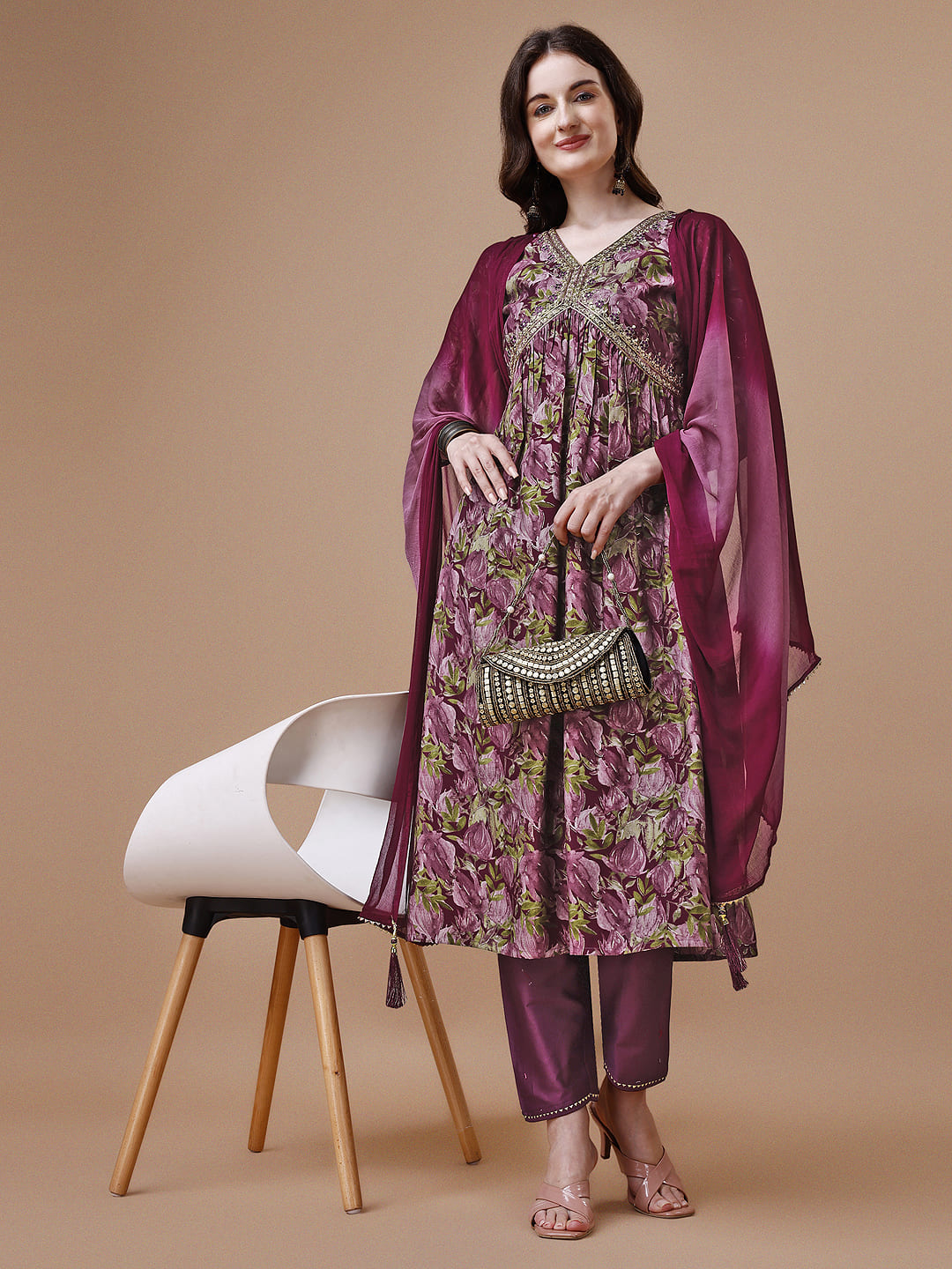 Alia Cut Printed & Embroidered Kurta With Pant & Dupatta, Multicolor - Hiral Fashion | Grocsy