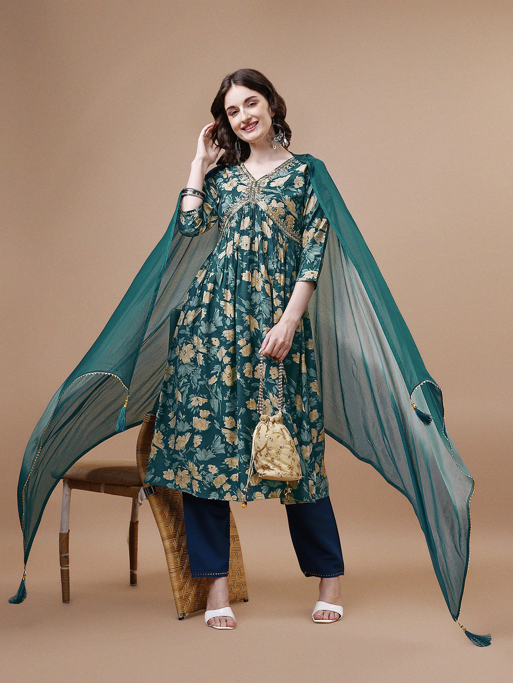 Alia Cut Printed & Embroidered Kurta With Pant & Dupatta, Multicolor - Hiral Fashion | Grocsy