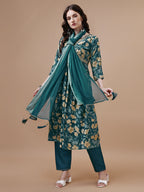 Alia Cut Printed & Embroidered Kurta With Pant & Dupatta, Multicolor - Hiral Fashion | Grocsy