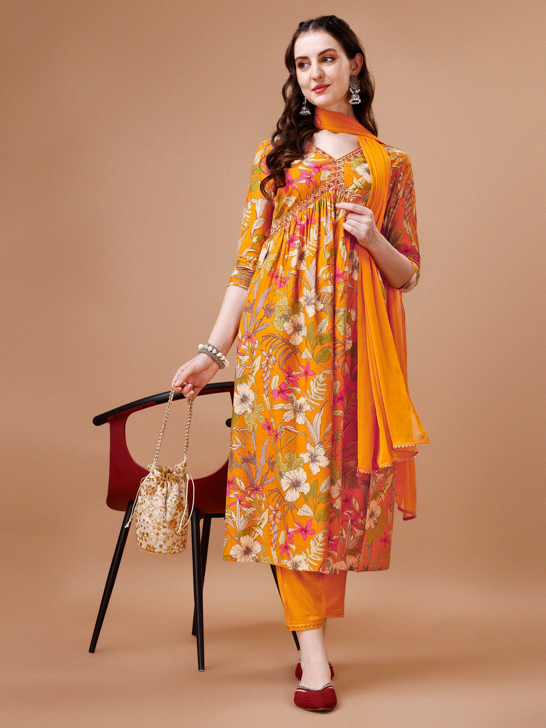 Alia Cut Floral Printed & Embroidered Kurta With Pant & Dupatta, Multicolor - Hiral Fashion | Grocsy
