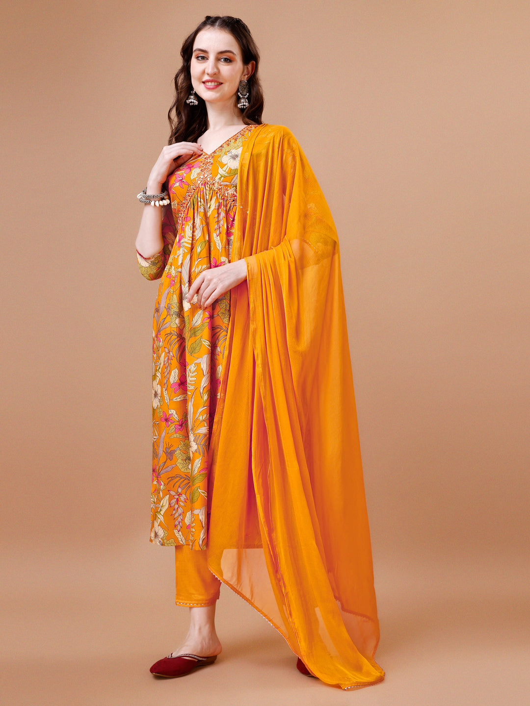 Alia Cut Floral Printed & Embroidered Kurta With Pant & Dupatta, Multicolor - Hiral Fashion | Grocsy