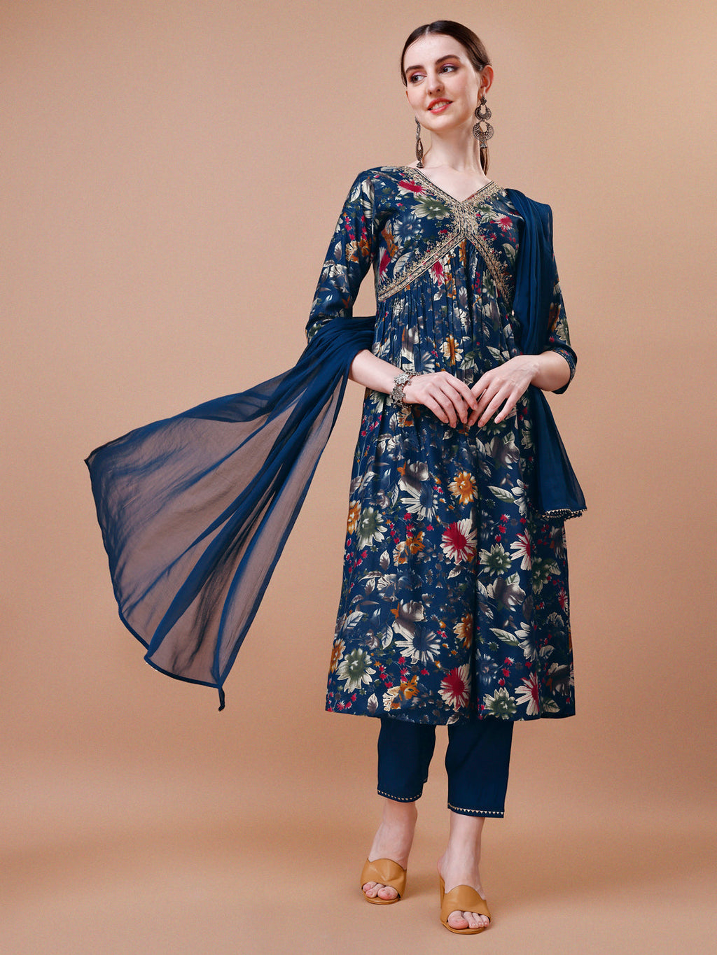 Alia Cut Floral Printed Embroidered Kurta With Pant & Dupatta, Multicolor - Hiral Fashion | Grocsy
