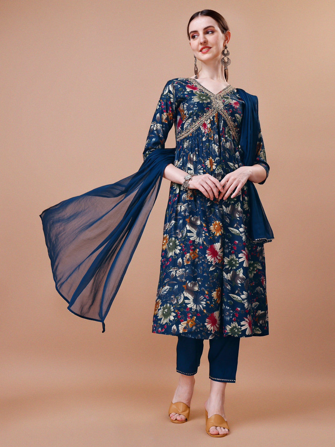 Alia Cut Floral Printed Embroidered Kurta With Pant & Dupatta, Multicolor - Hiral Fashion | Grocsy