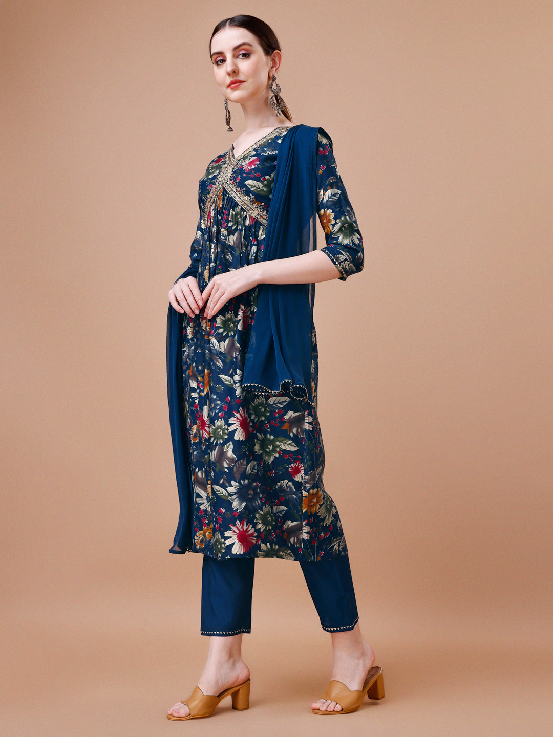 Alia Cut Floral Printed Embroidered Kurta With Pant & Dupatta, Multicolor - Hiral Fashion | Grocsy